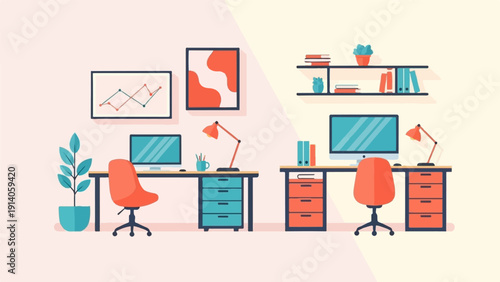 Two distinct, modern home office setups side-by-side, depicted in a colorful flat vector style