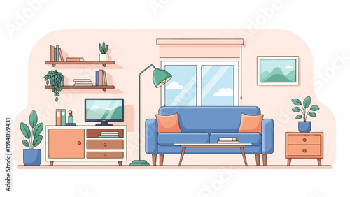 Stylized illustration of a comfortable living room with a blue couch, houseplants, and a large window