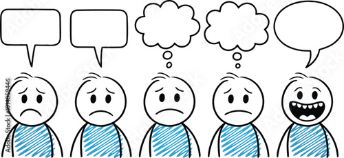 Illustrated stick figures displaying different emotional states with various blank speech and thought bubbles