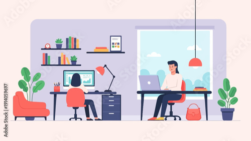 Two people work remotely in a modern home office with computers, plants, and a large window