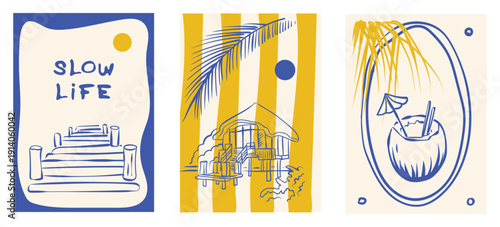 Tropical summer travel poster set with pier, bungalow and coconut cocktail in Retro Line Style. A whimsical vector illustration.
