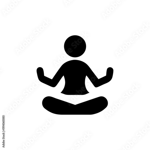 A black vector illustration of a healthy man sitting in a lotus pose silhouette for zen meditation and spiritual relaxation fitness