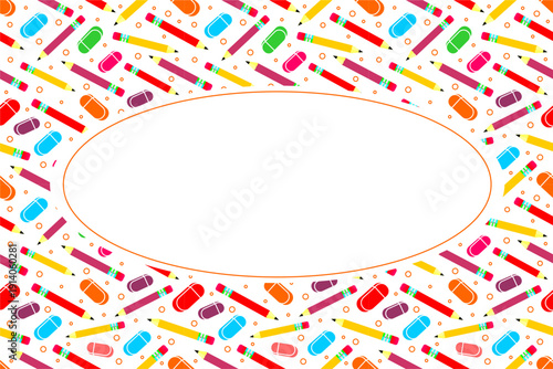 Pencil and eraser pattern with blank oval. School supplies pattern frame design. Seamless school attributes frame background. Back to school concept with copy space.