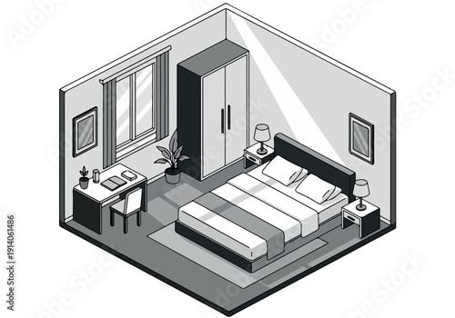 Isometric illustration of a bedroom with a bed, desk, and wardrobe, showcasing a clean and organized living space