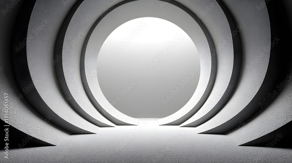 Fototapeta premium Abstract white and gray circular tunnel with layered rings and bright center light, creating futuristic minimal architectural background.