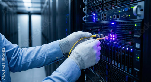 Engineer connecting fiber optic cables in a data center, server room technician working with network equipment