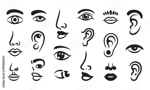 Human facial features eyes mouth ears icons vector set