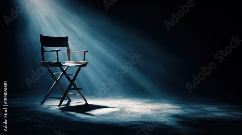 Director's chair in a dark studio under a dramatic bright spotlight beam