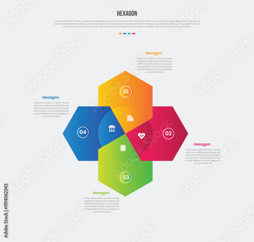 hexagon or hexagonal base shape infographics gradient template diagram with circle badge silhouette inside with cycle circular balance with 4 point step creative