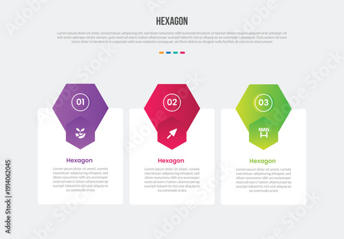 hexagon or hexagonal base shape infographics gradient template diagram with round box container with shape combination on top with 3 point step creative