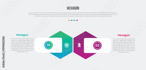 hexagon or hexagonal base shape infographics gradient template diagram with round rectangle badge on opposite versus comparison with 2 point step creative