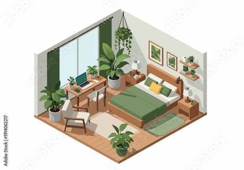 Cozy Green Bedroom Oasis A Serene Isometric Illustration of a Plant-Filled Room with a Desk and Bed