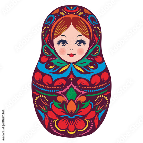 Russian matryoshka doll toy, bright colorful pattern. Isolated object on a white background. Vector clipart	

