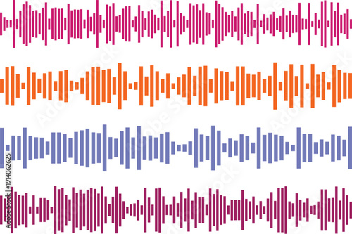 Four colorful horizontal audio waveforms illustrate varying sound levels and frequencies
