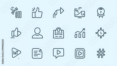 Social Media Marketing Line Icon Set – Content Creation, Analytics and Digital Strategy Vector Pack