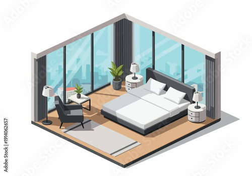 Isometric 3D rendering of a modern luxurious bedroom with large windows showcasing a city skyline