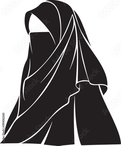 a simple black and white drawing of a woman wearing a burq, with her face partially covered