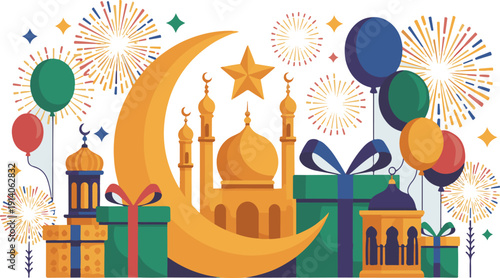 Eid celebration vector illustration with mosque and gifts