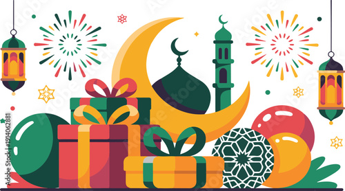 Vibrant eid al-fitr celebration with gifts and decorations