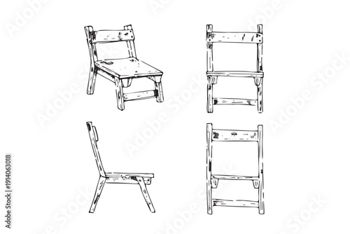 Simple wooden dining chair line art with orthographic views.