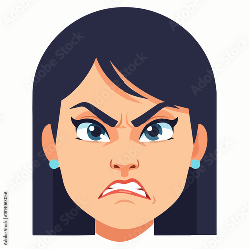 Illustration of a woman with an angry expression, frowning and looking directly at the viewer with a stern gaze