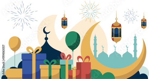 Vibrant eid celebration with gifts and lanterns vector illustration