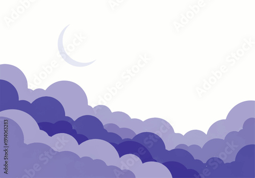 A serene nighttime scene featuring a crescent moon shining above a layered composition of purple and blue clouds in a flat design illustration vector.