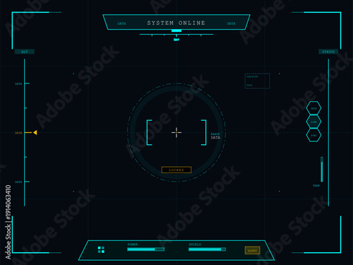 A futuristic digital heads-up display interface featuring a central crosshair, system status indicators, power bars, and data readouts in a cyan color scheme on a dark background.