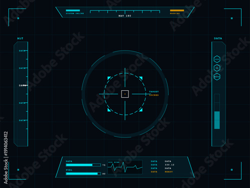 A futuristic digital head-up display interface featuring a central target reticle, altitude gauges, and various data panels on a dark grid background for a sci-fi cockpit view.