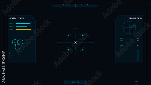 A futuristic digital heads-up display interface featuring system status bars, target data radar, and a central targeting reticle on a dark background for a sci-fi gaming aesthetic.