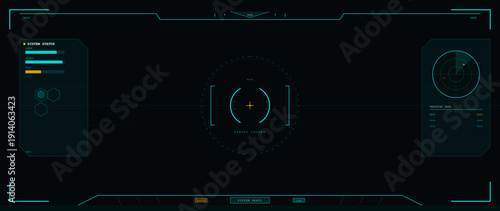 A futuristic digital heads-up display interface featuring a central targeting reticle, system status bars, and radar tracking data on a dark background for a sci-fi gaming aesthetic.