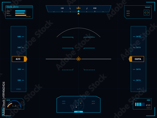 A futuristic head-up display interface featuring various flight data metrics such as speed, altitude, and system status indicators on a dark blue background for a cockpit view.