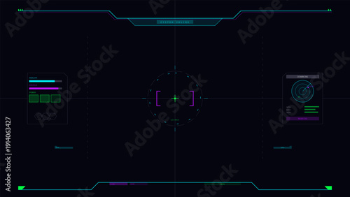 A futuristic heads-up display interface featuring a central targeting reticle, radar scanning system, and status bars for health and power on a dark digital background.