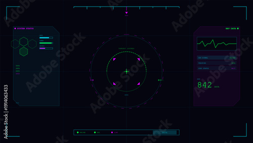 A futuristic heads-up display interface featuring a central targeting reticle, system status panels, and navigation data in neon green, cyan, and magenta on a dark background.