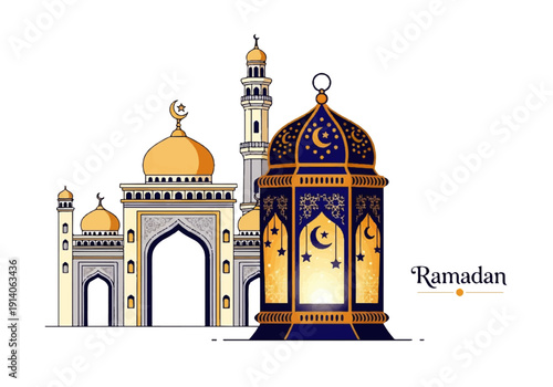 Flat design illustration vector of a mosque with a lantern, featuring a Ramadan theme in a graphic style with golden and blue tones.