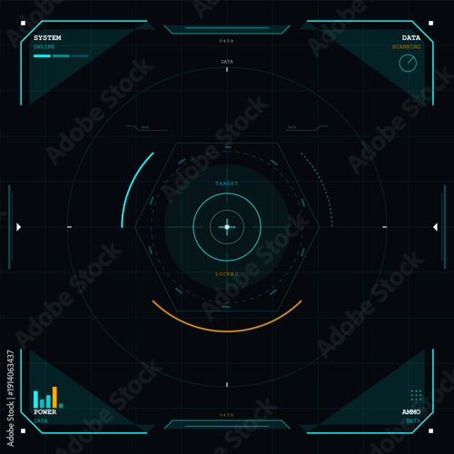 A futuristic digital head-up display interface featuring a central target crosshair, circular scanning elements, and corner data panels for power and ammo on a dark grid background.