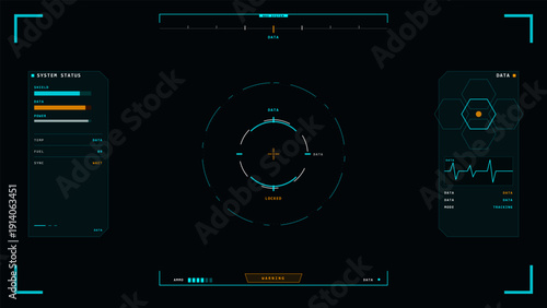 Futuristic digital heads-up display interface with a central targeting reticle, system status panels, and data graphs in cyan and orange colors on a dark background.