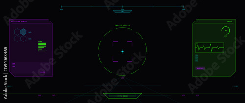 A futuristic heads-up display interface featuring a central target reticle, system status panels, and data visualizations in neon green and purple on a dark background.