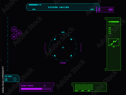 Foto This futuristic digital HUD interface features a central targeting reticle, shield status bar, and various data panels in cyan, magenta, and green on a dark black background