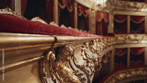 Ornate theater balcony with velvet seats and gold details. Curtains, chandeliers, and architectural carvings