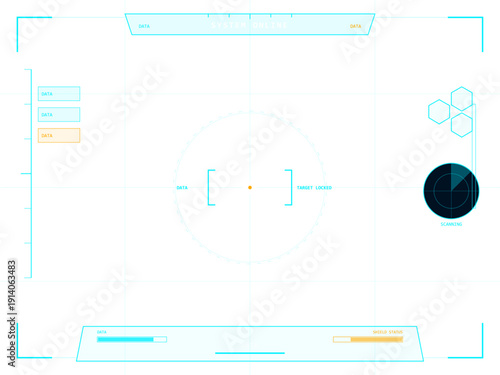 A futuristic digital heads-up display interface featuring a central targeting reticle, scanning radar, and status bars in light blue and orange on a clean white background for a sci-fi look.