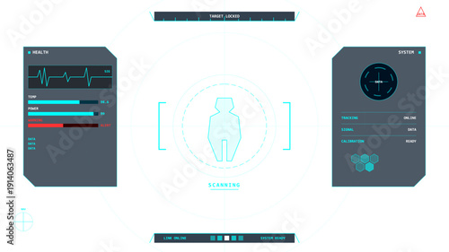 A futuristic heads-up display interface featuring a central scanning area with a humanoid figure, health monitoring panels, and system status indicators in a cyan and grey color scheme.