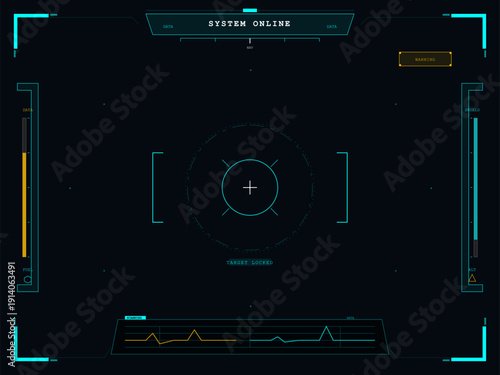A futuristic digital heads-up display interface featuring a central target crosshair, data readouts, and status bars for fuel and shields on a dark background.