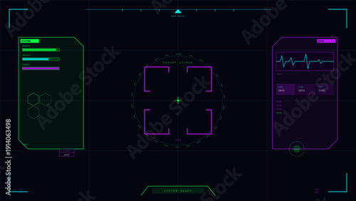 A futuristic digital head-up display featuring a central targeting reticle, system status bars, and data panels in neon green and purple on a dark grid background.