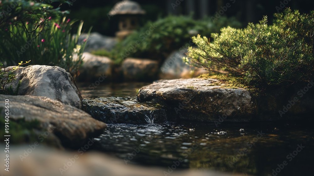 Fototapeta premium Serene water stream flows gently through lush garden with mossy rocks and vibrant greenery