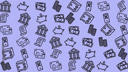 Pattern of various financial icons on a light blue background suitable for finance presentations, websites, or brochures requiring financial imagery.