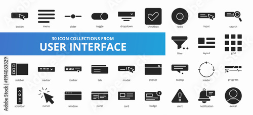 Set of 30 collection of user interface icons suitable for web and mobile application. Set of glyph style icons with message, chat, call, email, inbox, and more icons.