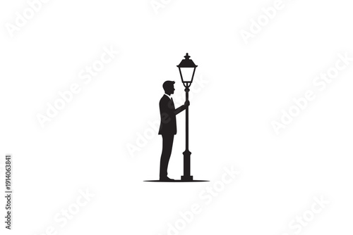 Silhouette of a man in a suit holding a classic street lamp, isolated on a white background, side view