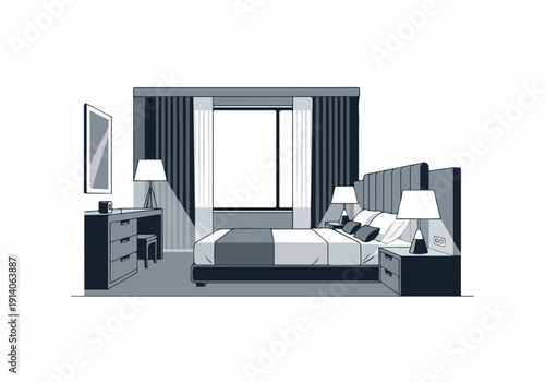 Cozy bedroom interior illustration with a large bed, bedside tables, a dresser with mirror, and a window with curtains