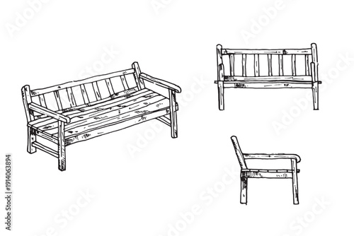 Hand-drawn wooden garden bench with backrest and armrest set